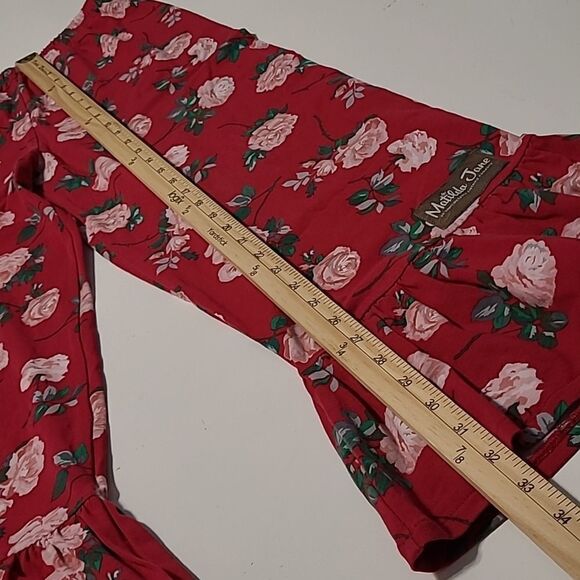 MATILDA JANE 12 RED PINK GREEN FLORAL RUFFLE FLARE STRETCH PANTS LEGGINGS - Picture 4 of 6